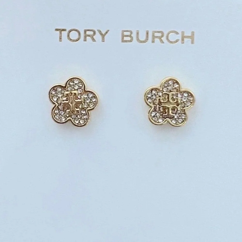 Tory Burch Gold Tone Crystal Pave Flower Logo Stud Earrings Womens
